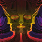Golden Masks on Swirling Purple Background with Linear Patterns