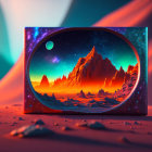 Futuristic portal framing vivid alien landscape with red mountains and surreal desert environment