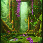 Mystical forest scene with vibrant purple flowers and tranquil pond