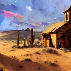 Detailed illustration: Small church, cacti, desert landscape, rocky formations
