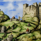 Medieval castle complex watercolor painting on green hills with towers and red flag
