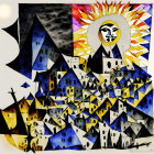Stylized sun over clustered town with crosses and geometric shapes in black, white, and yellow tones