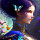 Illustration of woman with butterflies and blue flowers in vibrant colors
