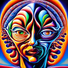Colorful Psychedelic Portrait with Multiple Eyes and Lips on Intricate Background
