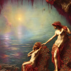 Surreal Artwork of Mythological Figures on Cliff with Vibrant Reds and Blues