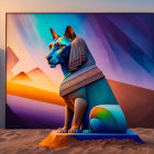 Vibrant blue and orange Great Sphinx digital artwork in desert setting