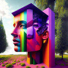 Three-faced profile digital artwork with colorful stripes in surreal landscape