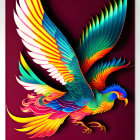 Colorful Phoenix Artwork with Rainbow Feathers on Dark Red Background
