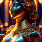 Colorful digital artwork of a woman with classical features and ornate accessories, against circular pattern backdrop