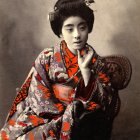 Geisha in Floral Kimono with Elaborate Makeup and Small Object
