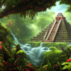 Ancient pyramid in lush jungle with vibrant flora and mystical fog