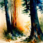 Sunlit forest watercolor painting with tall trees and lush undergrowth
