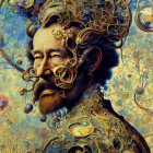 Colorful portrait of a bearded man with nature elements and swirl motifs integrated.