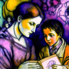Colorful painting of woman and child reading book in abstract style