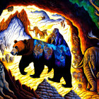 Surreal painting of bears and woodland creatures with fiery backdrop