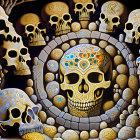 Colorful Artwork Featuring Large Gold Skull and Intricate Designs