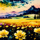 Colorful Flower Field Painting with Rolling Hills and Dramatic Sky