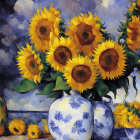 Colorful sunflower painting with blue vase on table - yellow and brown hues.
