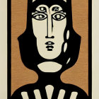 Abstract painting: Stylized face with bold features in black lines on beige background.