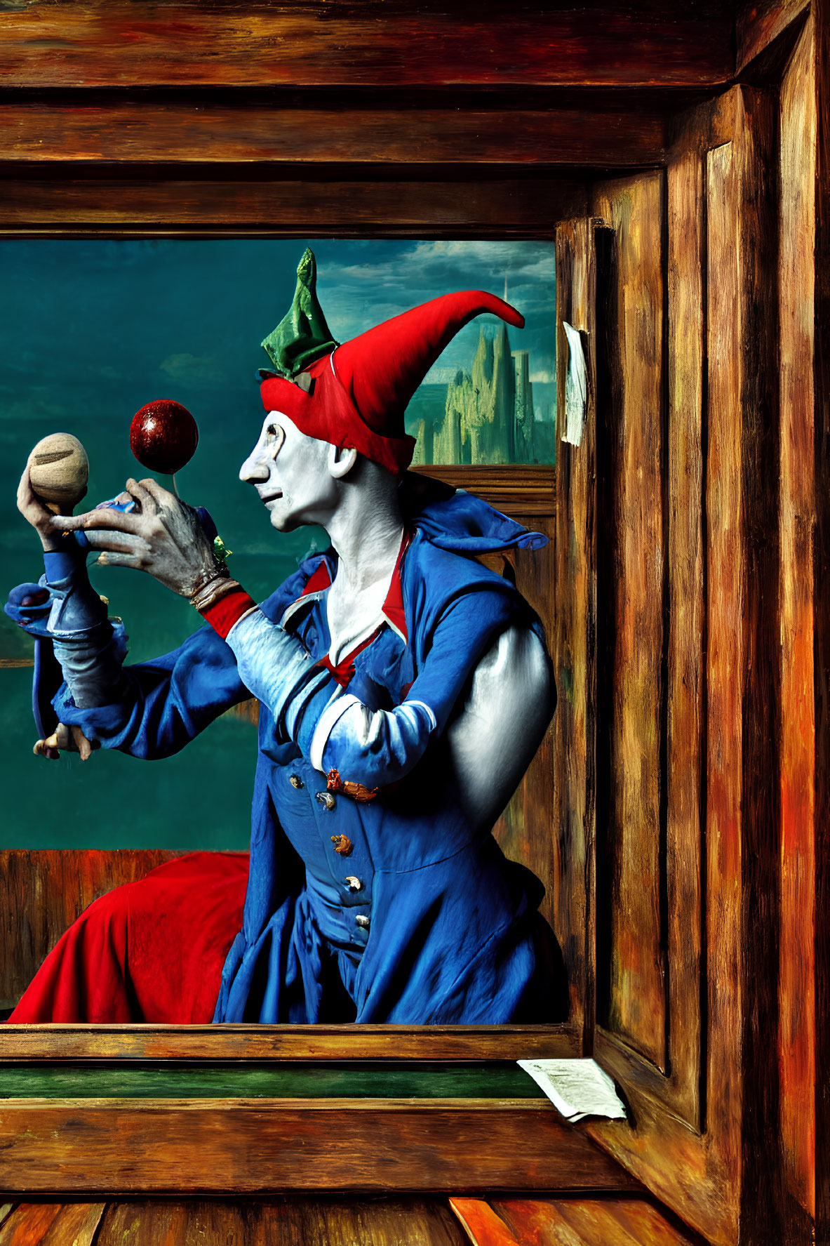 Colorful jester with marotte and red ball against cityscape view