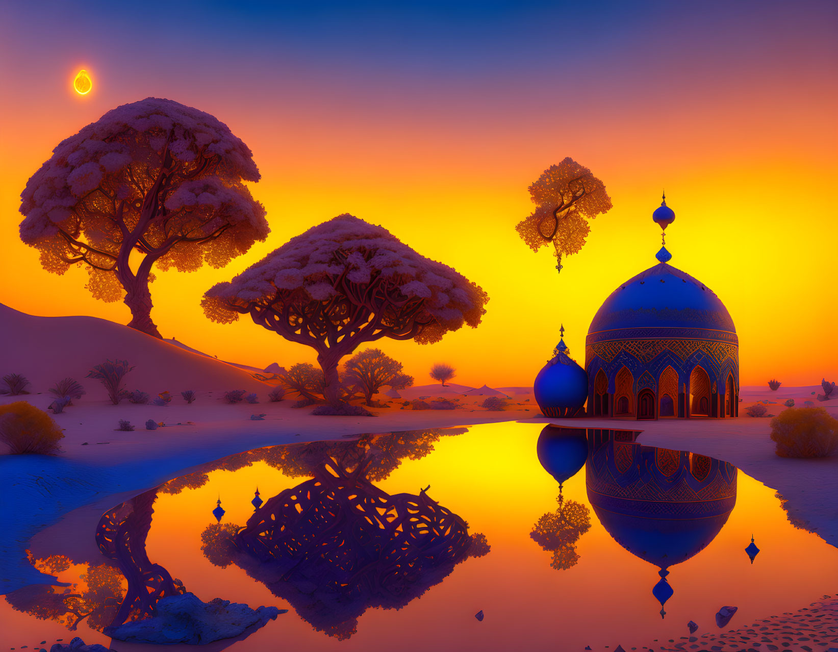 Surreal desert sunset with eclipse, oasis, mosque, and acacia trees