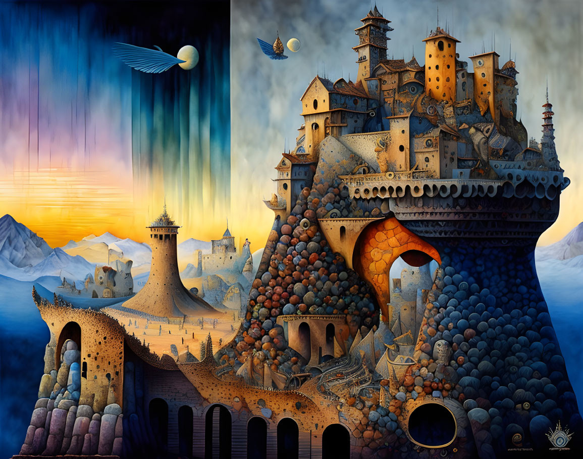 Surreal artwork of fantastical castle with warm and cool tones