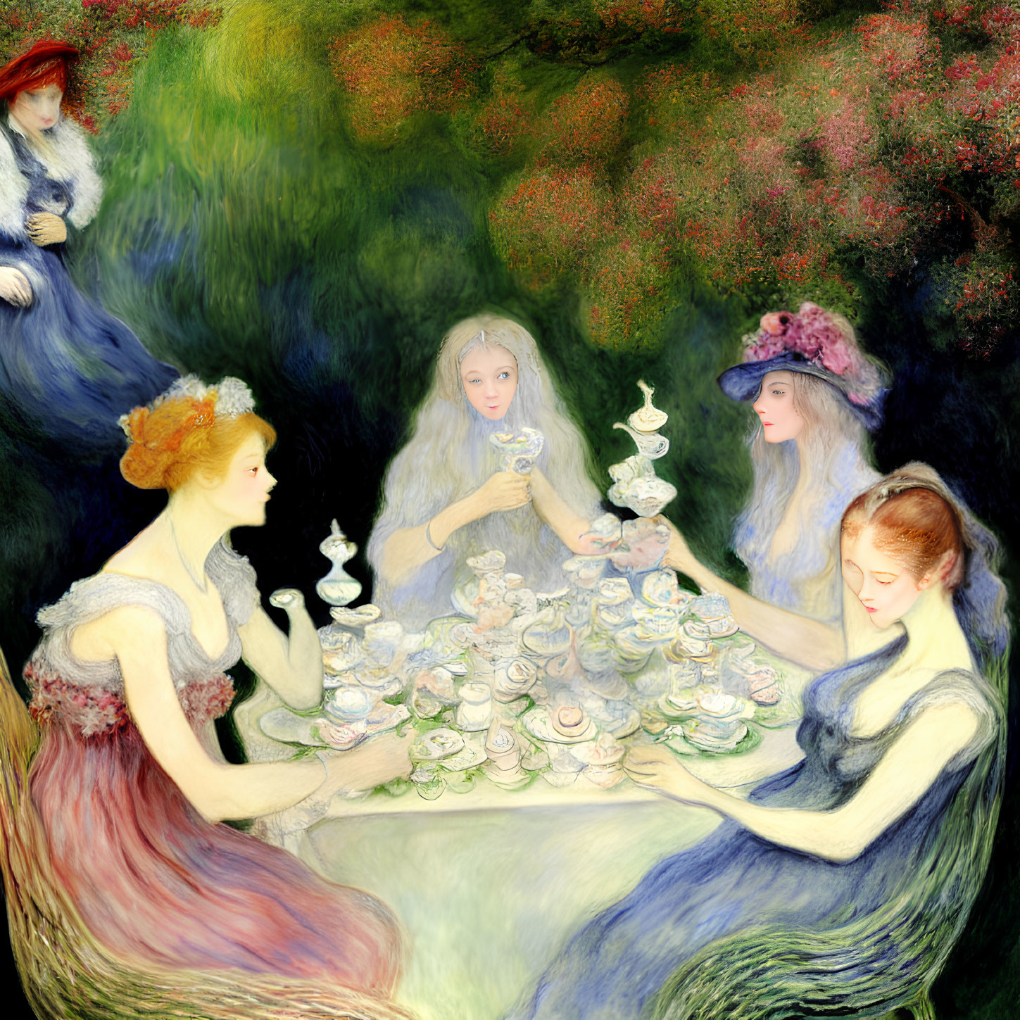 Whimsical illustration of five women in pastel dresses at a tea party