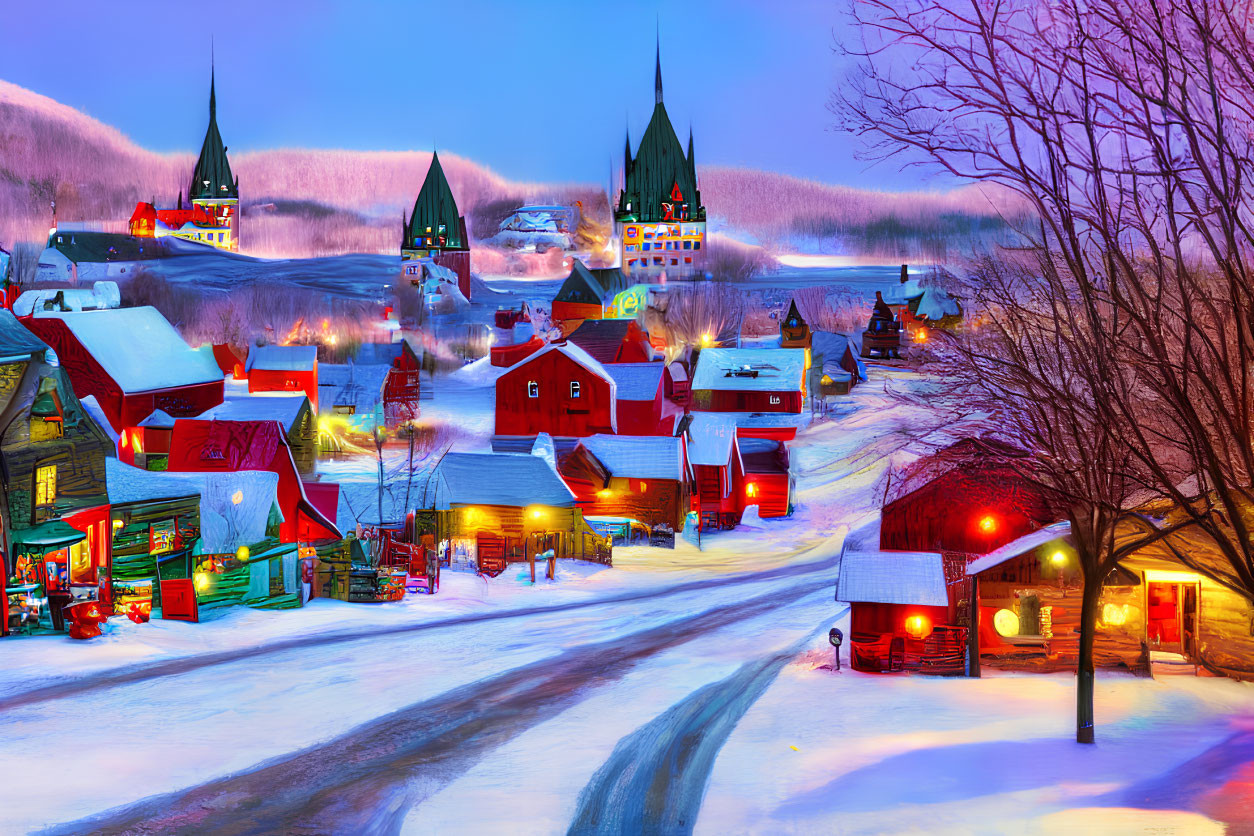 Snow-covered village with warm lights and iconic steeples at twilight