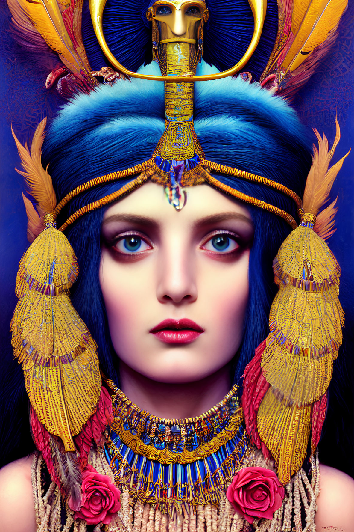 Colorful portrait of woman with blue skin in Egyptian headdress and gold jewelry