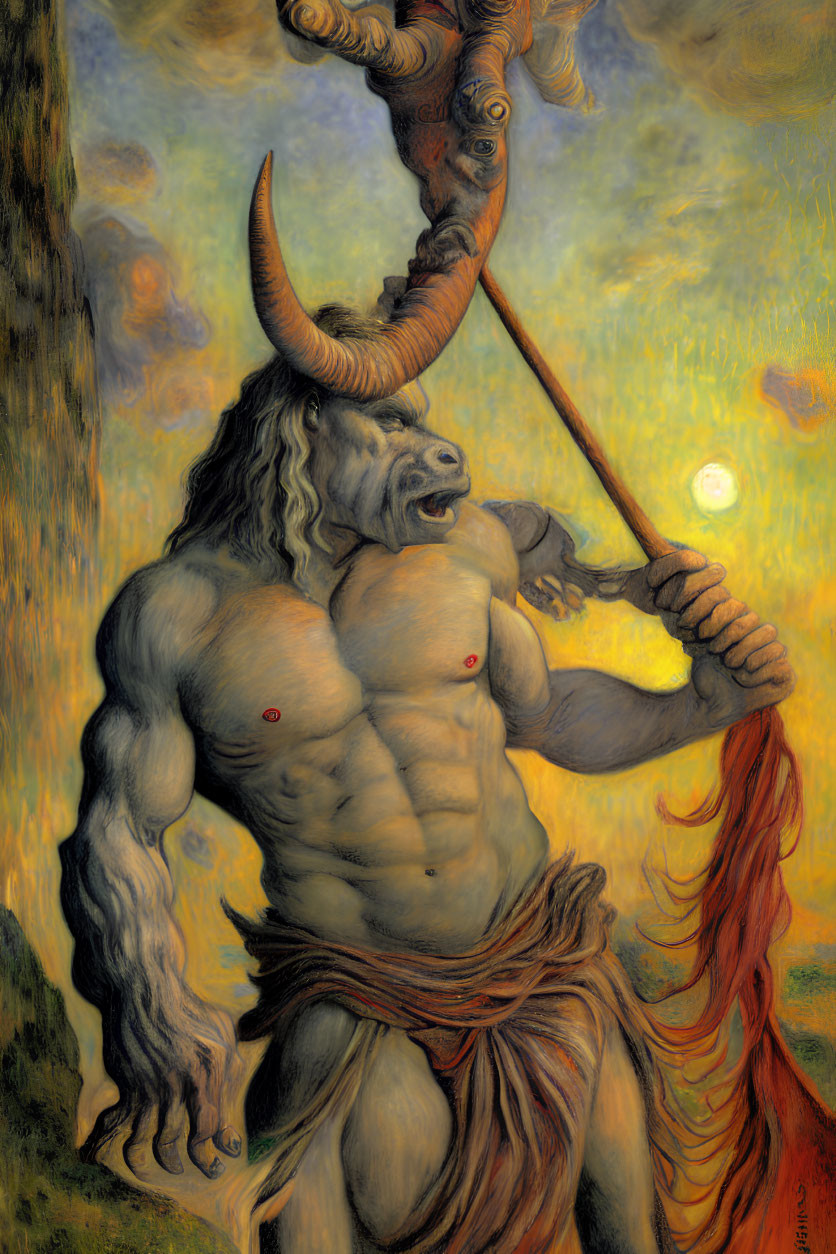 Mythical creature with bull head and staff on yellow backdrop