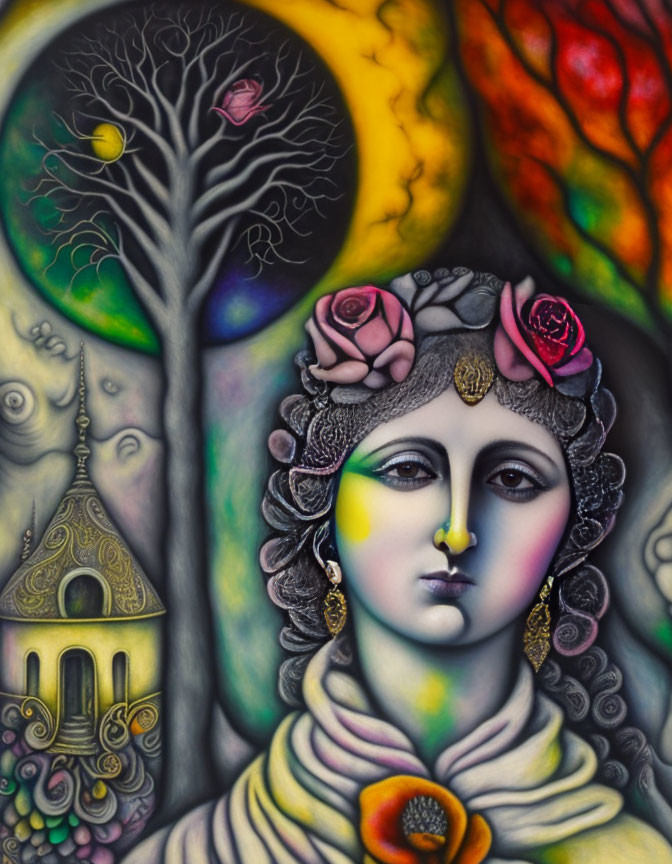 Colorful flower-adorned woman in serene expression among fantasy trees and whimsical building