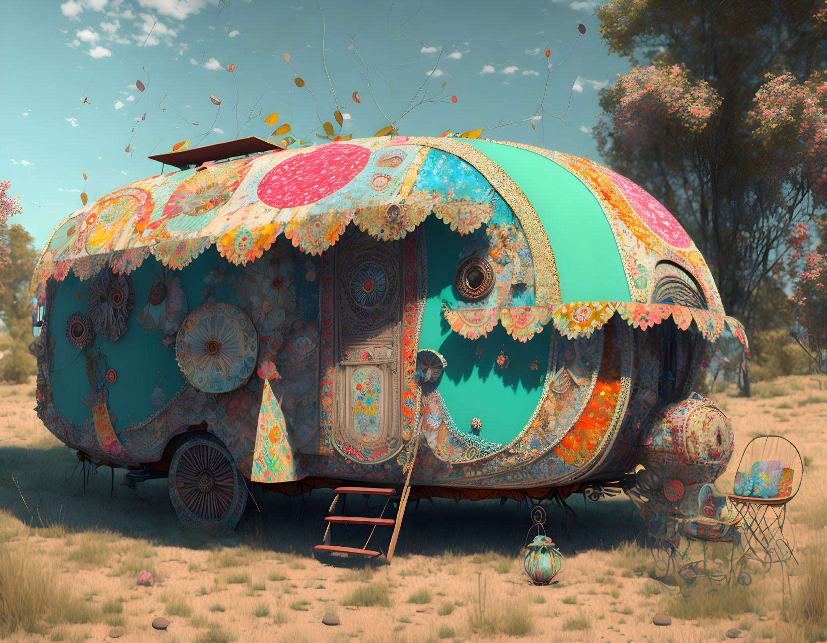 Colorful caravan with intricate patterns in sunny field