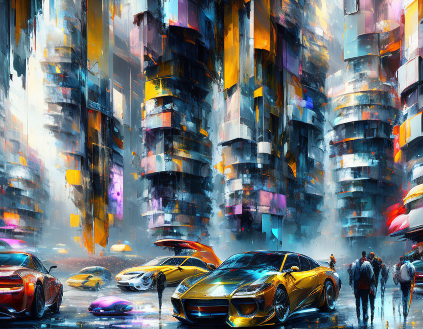 Futuristic cityscape with sleek cars and pedestrians in neon-lit rain.