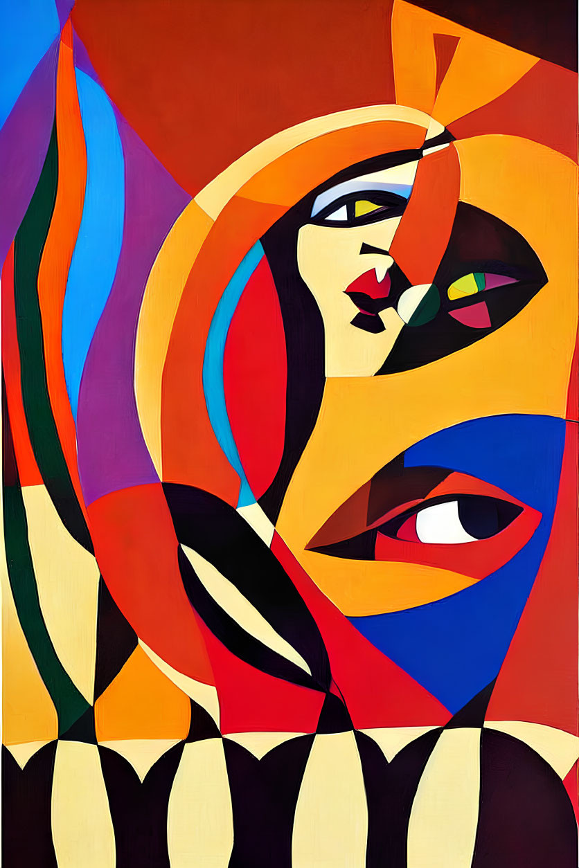 Vibrant Abstract Painting: Geometric Shapes & Stylized Female Figure