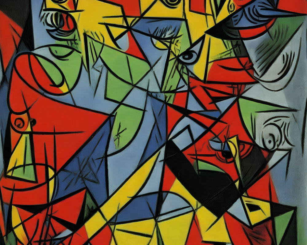 Geometric Abstract Cubist Painting in Red, Blue, Yellow, Black, and White