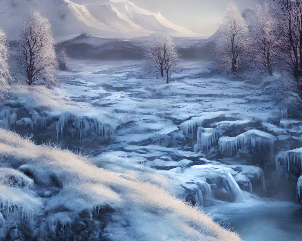 Frozen Stream and Snow-Covered Trees in Serene Winter Landscape