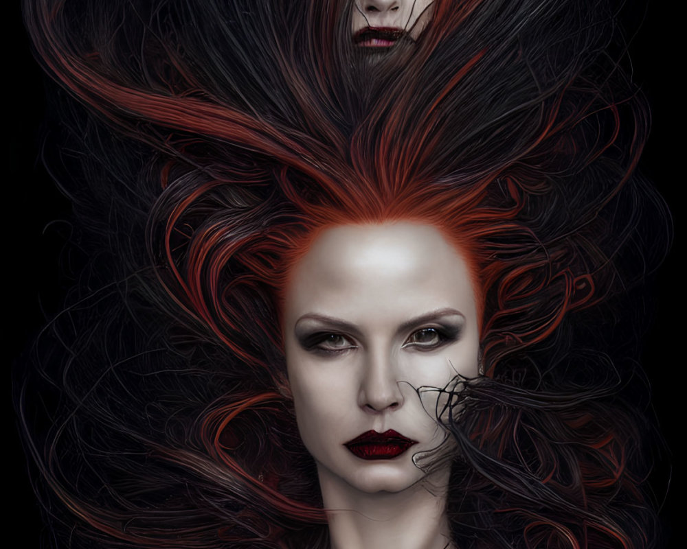 Women with flowing red hair and porcelain skin in serene and fierce expressions.