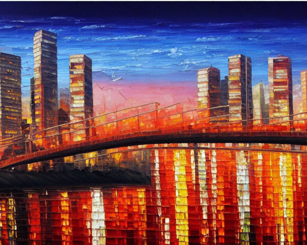 Colorful cityscape painting with skyscrapers and bridge at sunset