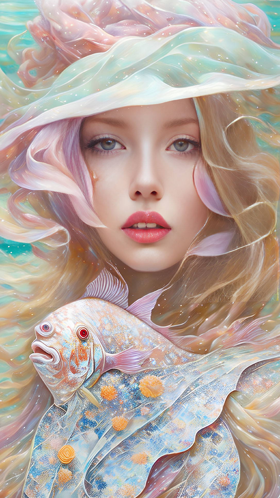 Surreal portrait of lady with flowing hair and jellyfish-like hat holding colorful fish against aquatic background