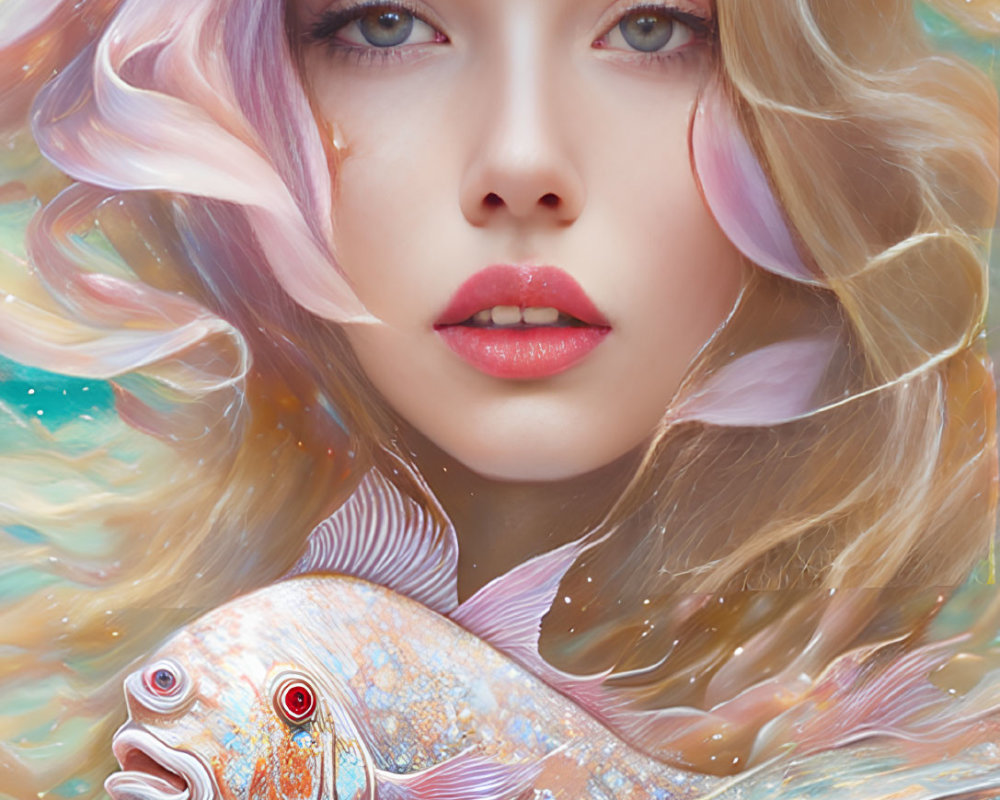 Surreal portrait of lady with flowing hair and jellyfish-like hat holding colorful fish against aquatic background