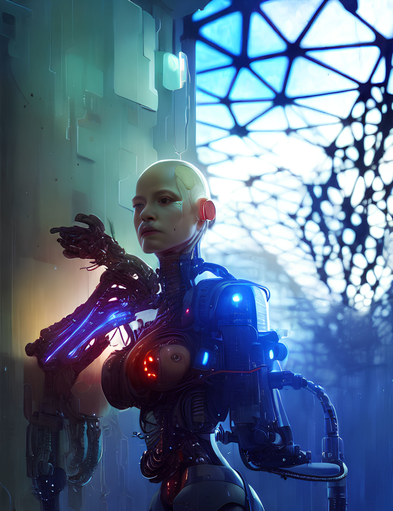 Pensive humanoid robot with exposed mechanical parts and glowing blue lights by geometric-patterned window