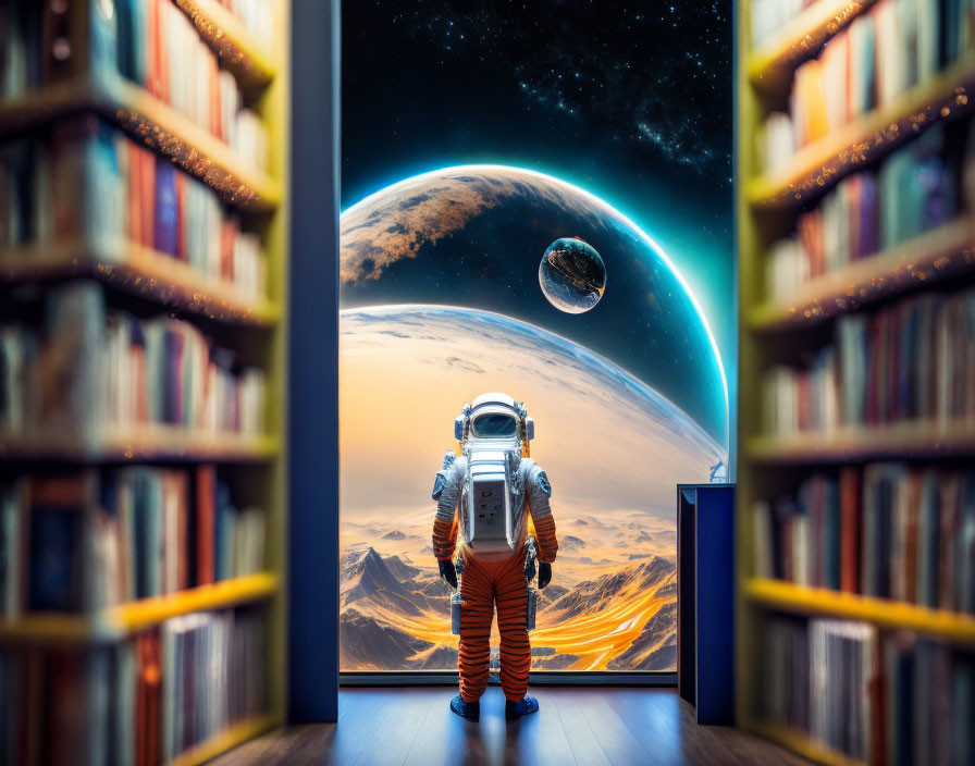 Astronaut admiring planets from library window