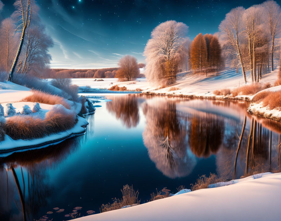 Snow-covered winter riverbank with bare trees and starry twilight sky