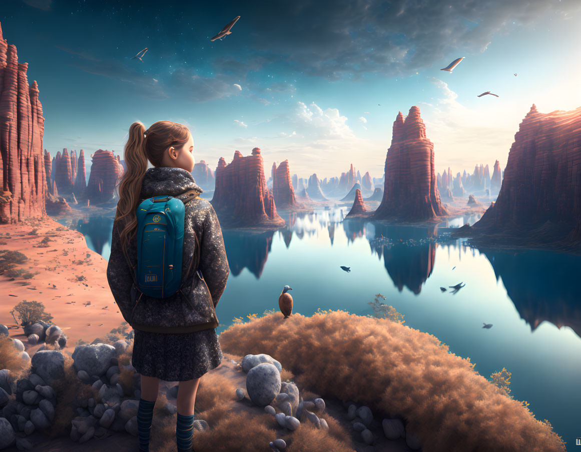 Young girl with backpack gazes at alien landscape with rock formations, lake, and birds.