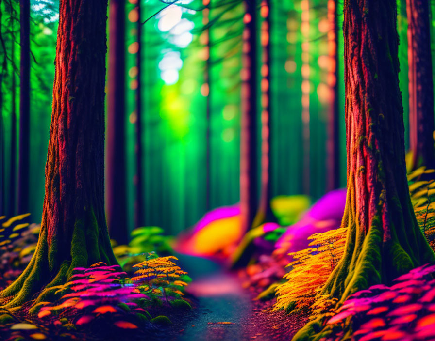Enchanting forest path with moss-covered trees and colorful foliage
