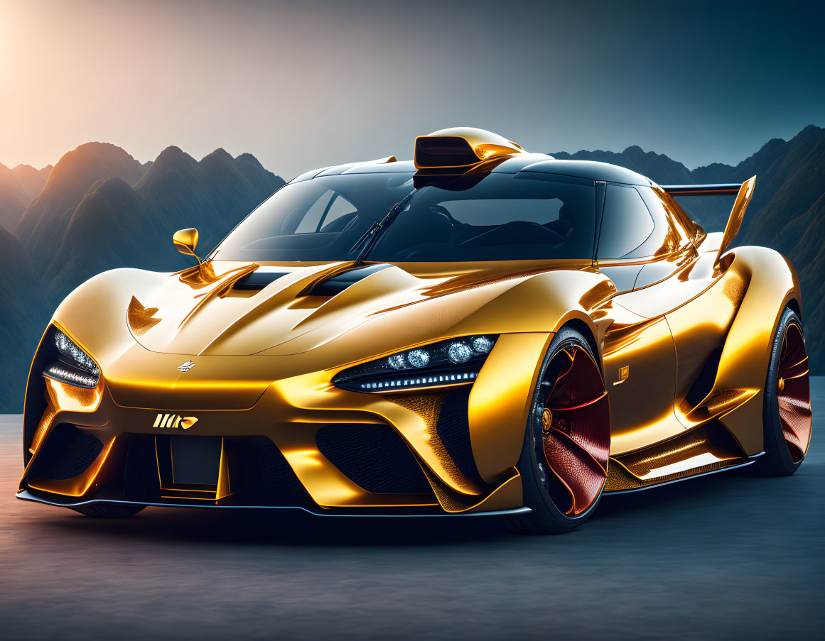 Metallic Gold Sports Car with Aerodynamic Design and Mountainous Backdrop