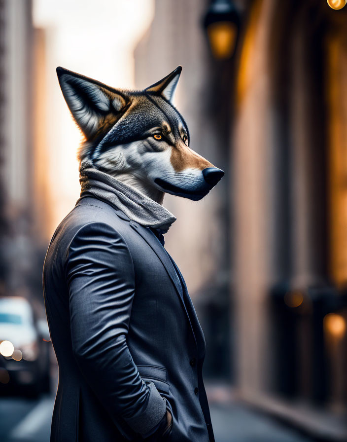 Wolf-headed person in stylish suit on urban street with soft focus background