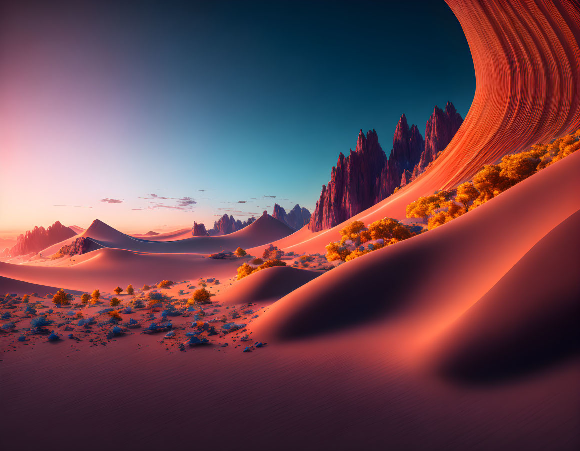Surreal desert landscape: undulating sand dunes, rocky spires, gradient sky
