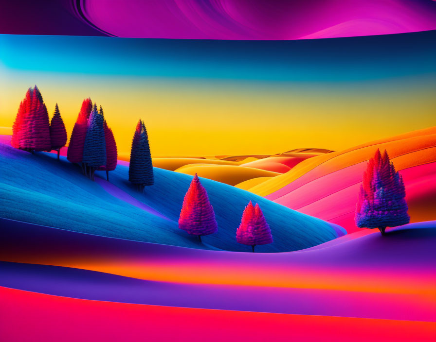 Colorful digital artwork: Stylized rolling hills, surreal pine trees, and multicolored sky