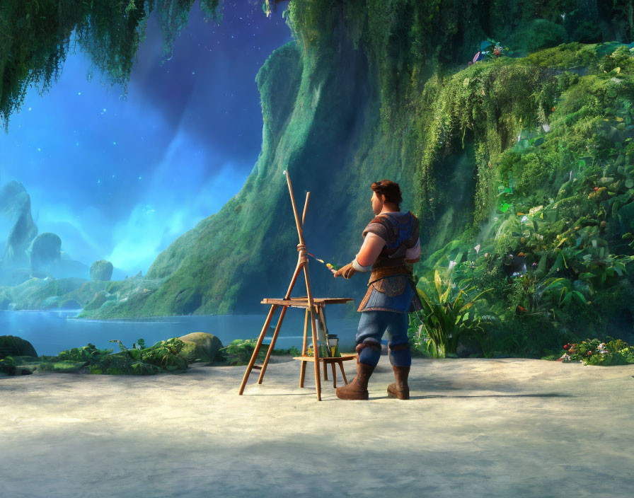 Animated character painting in lush forest at twilight